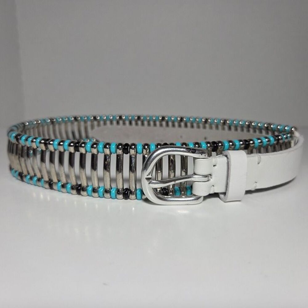 IRO White Leather Belt Silver Studs Turquoise Black Bead Accents Edgy Boho Sz 80
